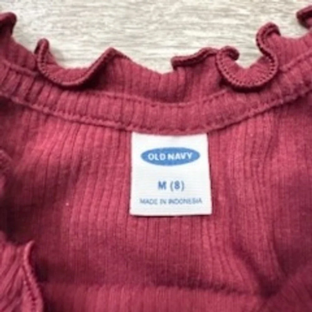 Old‎ Navy Girls Top Burgundy Ribbed Knit Ruffle Trim Short Sleeve Size M (8)
